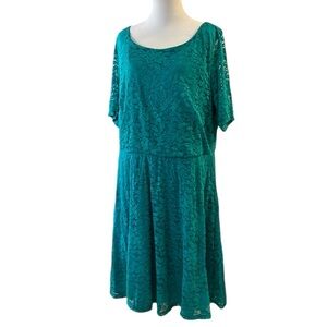 VINTAGE WRAPPER SHORT SLEEVE FLORAL LACE MIDI DRESS TEAL GREEN PLUS SIZE 2X